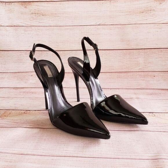 SCHUTZ Patent Leather Slingback Pointy Toe Stiletto Heels Black Women's Size 40 - Picture 1 of 10